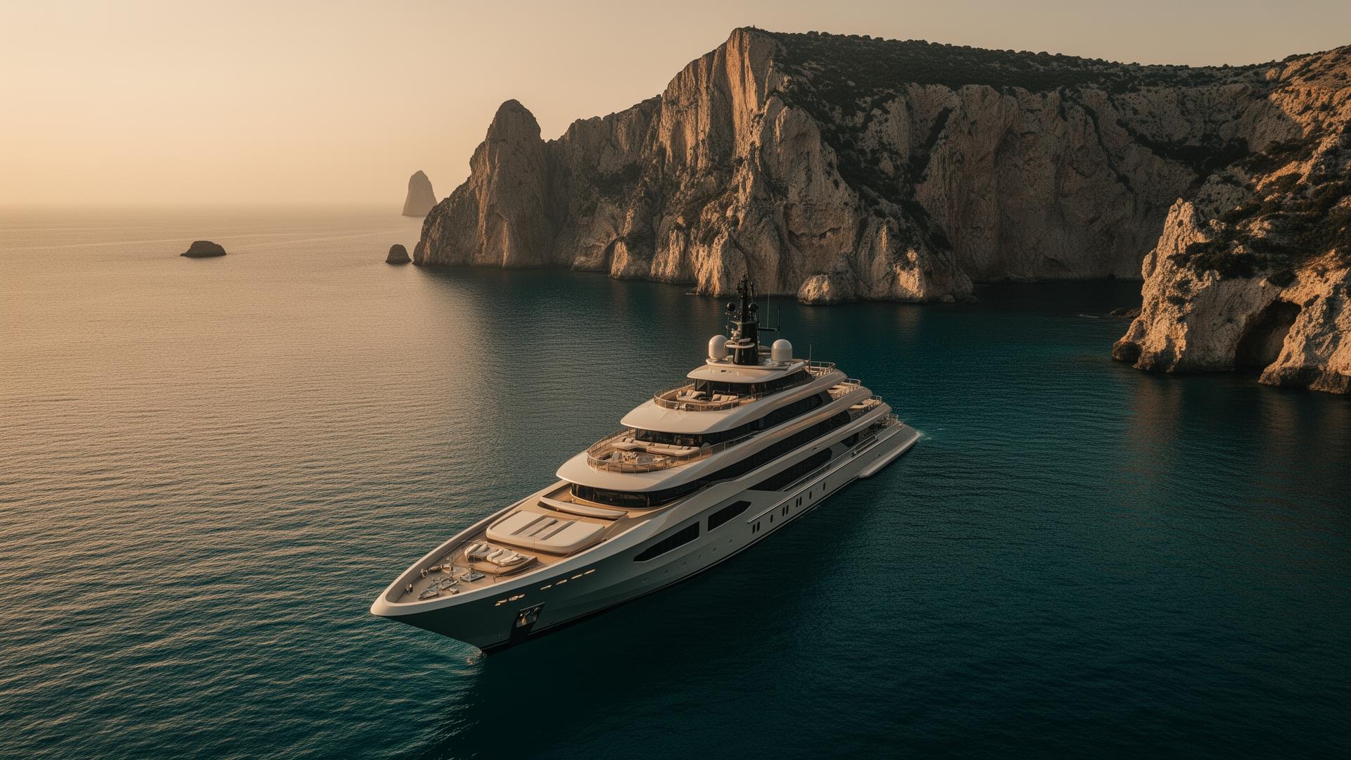 Superyacht at anchor at golden hour off a Mediterranean limestone coast